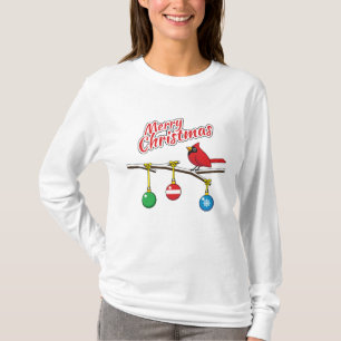 Roter Kardinal auf kahlem Weihnachtszweig - Frohe T-Shirt
