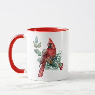 Roter Kardinal auf Weihnachts-Branch Kaffee Tasse