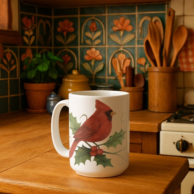 Roter Kardinal auf Winter Holly & Mistletoe Kaffeetasse (Von Creator hochgeladen)