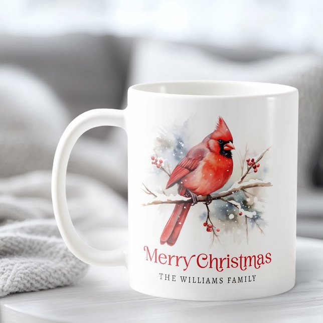 Roter Kardinal auf Winterzweig Frohe Weihnachtsnam Kaffeetasse (Red cardinal on winter branch Merry Christmas name Coffee Mug)