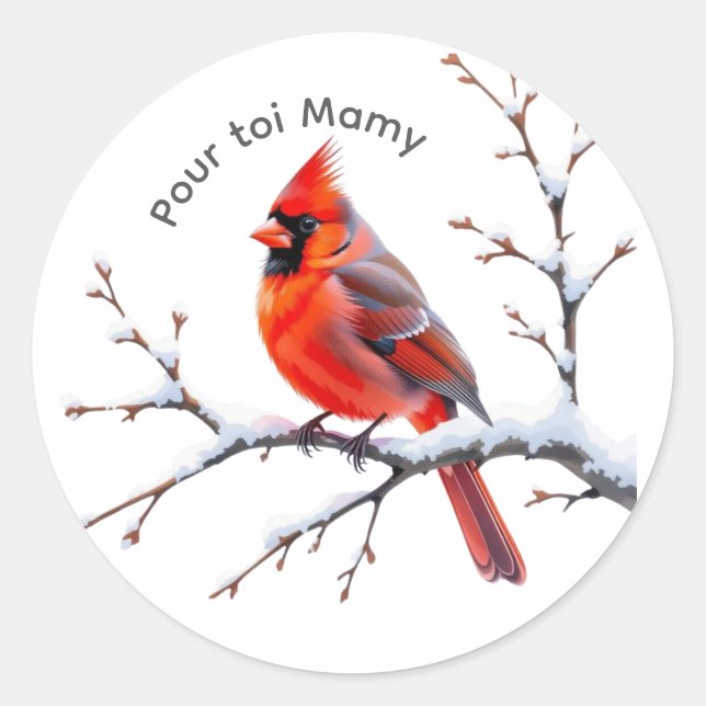 Roter Kardinal-Aufkleber auf verschneitem Ast Runder Aufkleber (Vorderseite)