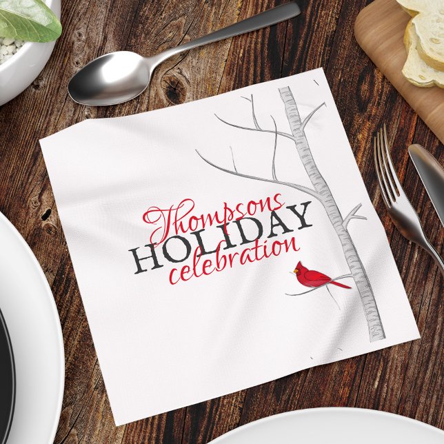 Roter Kardinal Birch Tree Einfache Winterferien Serviette (Holiday red cardinal and birch tree holiday party paper napkin. )