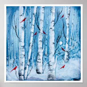 Roter Kardinal Birch Tree Rustikal Poster