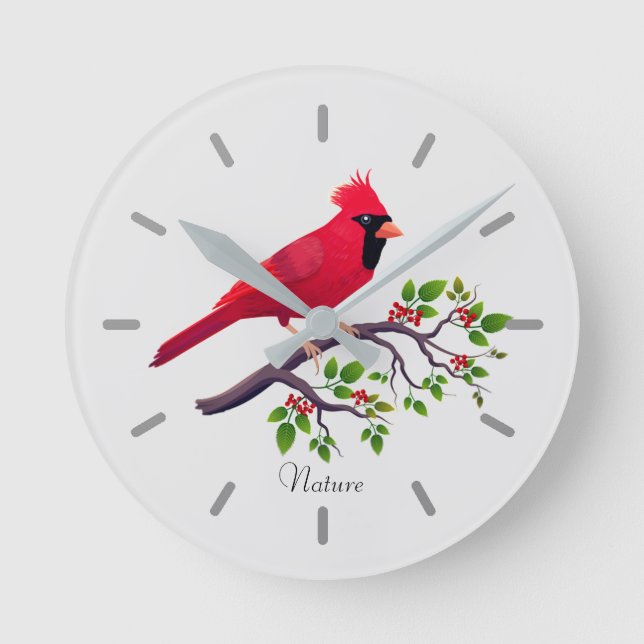 Roter Kardinal Bird auf Baumzweig Runde Wanduhr (Vorderseite)