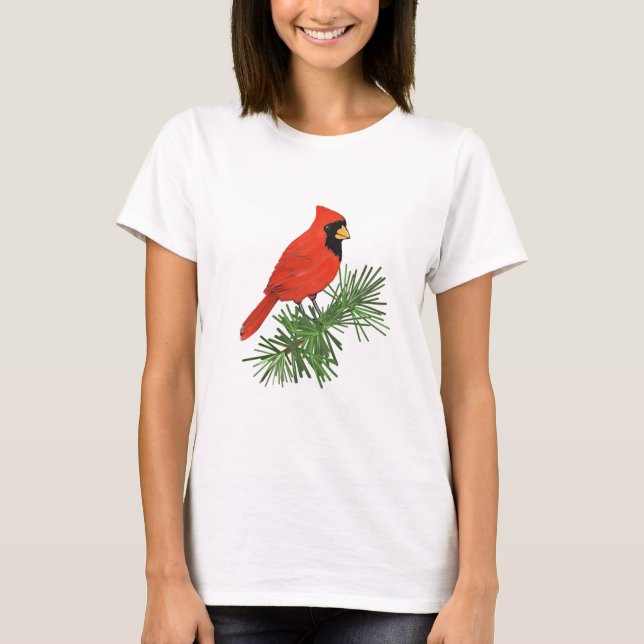 Roter Kardinal Bird auf Pine Tree T-Shirt (Vorderseite)