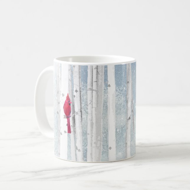 Roter Kardinal Bird in schönem, schneebedecktem Bi Kaffeetasse (Vorderseite Links)