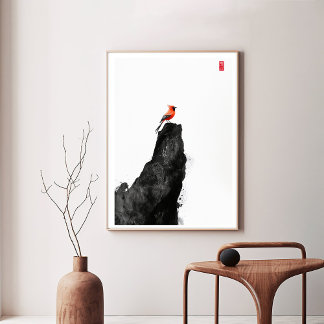 Roter Kardinal Bird on Ink Wash Rock - Zen Art Can Leinwanddruck