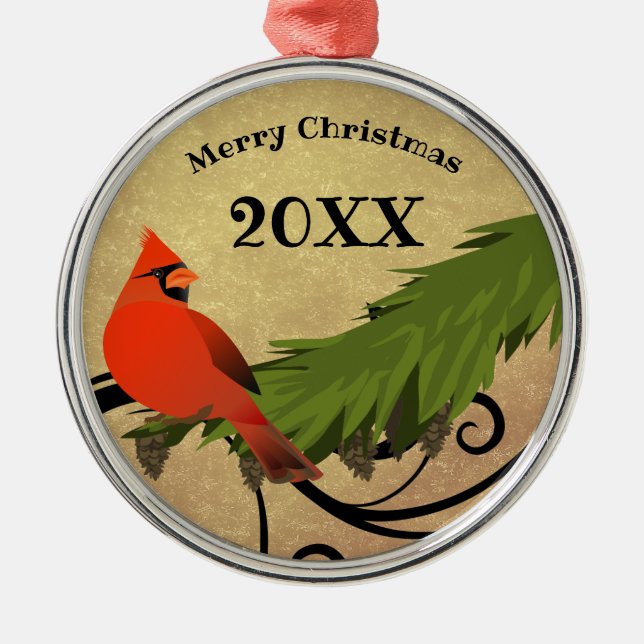 Roter Kardinal Bird Personalisierte Weihnachtsfeie Ornament Aus Metall (Vorne)