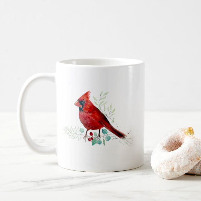 Roter Kardinal Bird Wasserfarbe Tasse Kaffee (Red Cardinal Bird Watercolor Art Coffee Mug from Jenn's Emporium. )