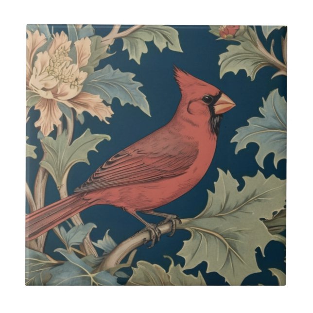 Roter Kardinal Bird William Morris-Stil Fliese (Vorderseite)