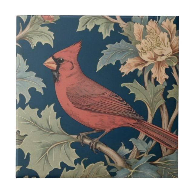 Roter Kardinal Bird William Morris Stil links gege Fliese (Vorderseite)