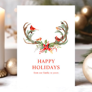 Roter Kardinal Birds Happy Holidays Deer Antlers Feiertagskarte