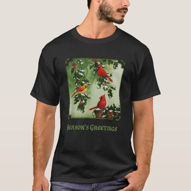 Roter Kardinal Birds Weihnachten Holly Berries Blä T-Shirt (Vorderseite)