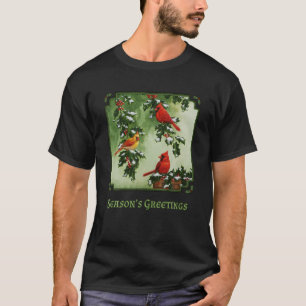 Roter Kardinal Birds Weihnachten Holly Berries Blä T-Shirt