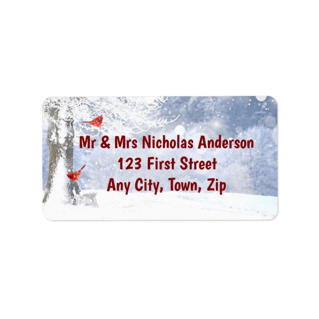 Roter Kardinal Birds Weihnachtsschneebaume Adressaufkleber (Vorne)