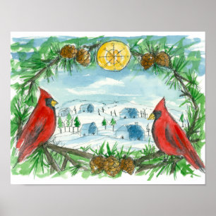Roter Kardinal Birds Winter Snow Village Malerei Poster