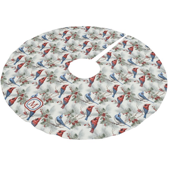 Roter Kardinal Blue Jay Monogram Polyester Weihnachtsbaumdecke (Schrägansicht)