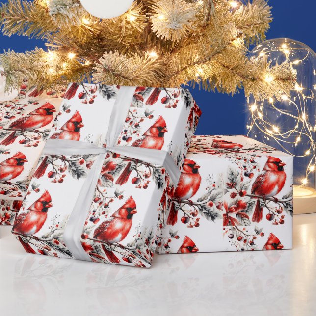 Roter Kardinal der Wasserfarbe auf der Zweigstelle Geschenkpapier (Feiertage)