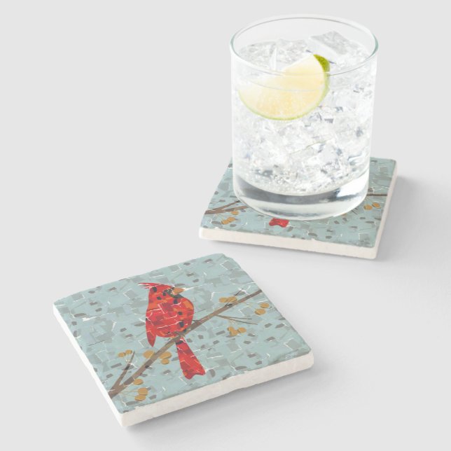 Roter Kardinal, der Weihnachtsvogel Steinuntersetzer (Seitenansicht)