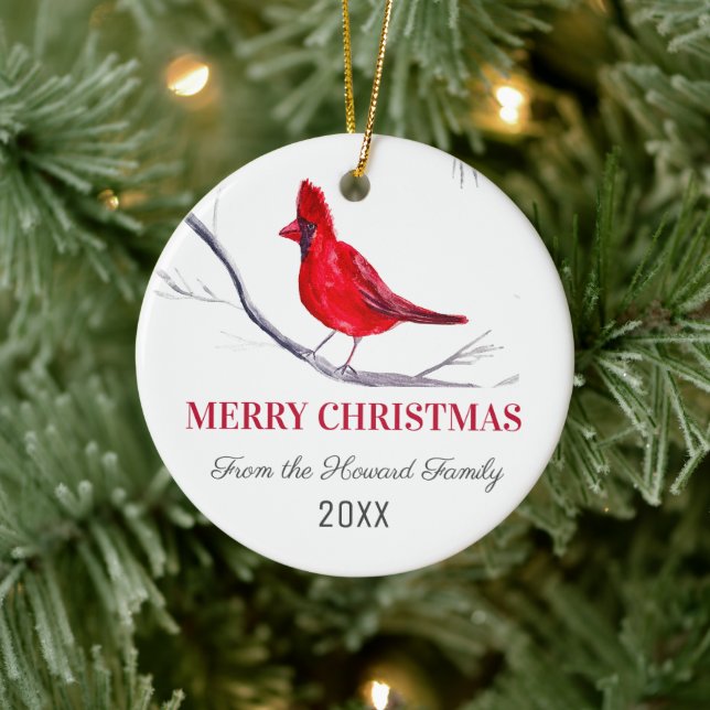 Roter Kardinal Frohe Weihnachtsbird Winter Keramik Ornament (Baum)