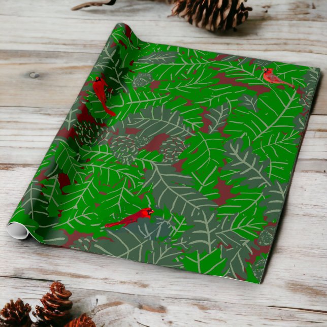 Roter Kardinal Grüne Blätter Braune Pine Cones Aco Geschenkpapier (Rustic Woodland All Occasion Gift Wrap)
