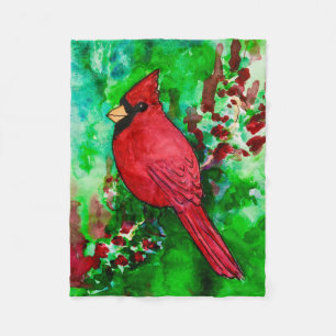 Roter Kardinal Grüner Wald Wasserfarbe Fleecedecke
