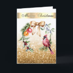 Roter Kardinal Holly Berry Gold Glitzer Feiertagskarte<br><div class="desc">Adorable Aquarellrot Kardinal,  Heilige Beere und Weihnachtsbällchen auf goldglänzenden Bughöhen.</div>