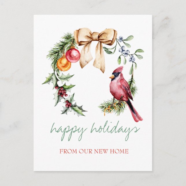Roter Kardinal Holly Berry Holiday Ankündigungspostkarte (Vorderseite)