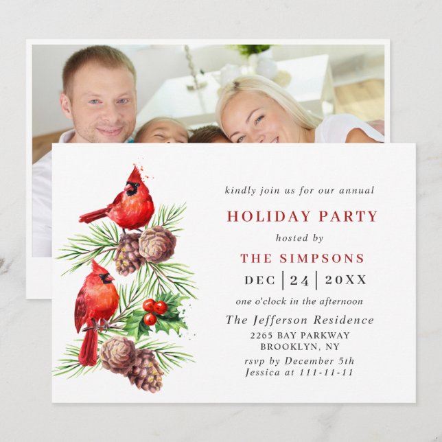 Roter Kardinal Holly Berry Holiday CHRISTMAS PARTY Einladung (Vorne/Hinten)