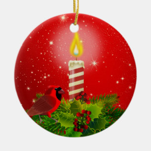 Roter Kardinal, Holly und Candle Keramik Ornament