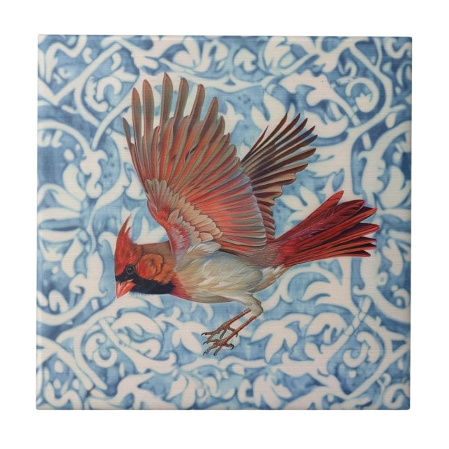 Roter Kardinal im Flug Fliese (Vorderseite)