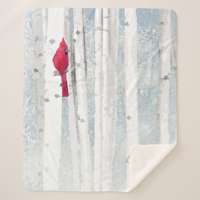 Roter Kardinal im schönen, schneebedeckten Birkenw Sherpadecke (Vorderseite)
