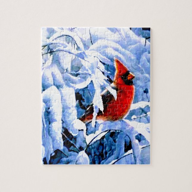 Roter Kardinal im Winterschnee Puzzle (Vertikal)