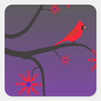 Roter Kardinal in einem Baum auf lila Hintergrund. Quadratischer Aufkleber
