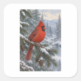 Roter Kardinal in einer verschneiten Waldlandschaf Quadratischer Aufkleber