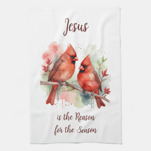 Roter Kardinal Jesus ist der Grund für die Weihnac Geschirrtuch