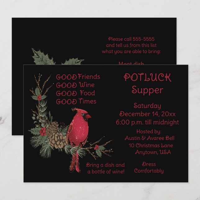 Roter Kardinal-Kranz-Weihnachten Pot Luck-Abendess Einladung (Vorne/Hinten)