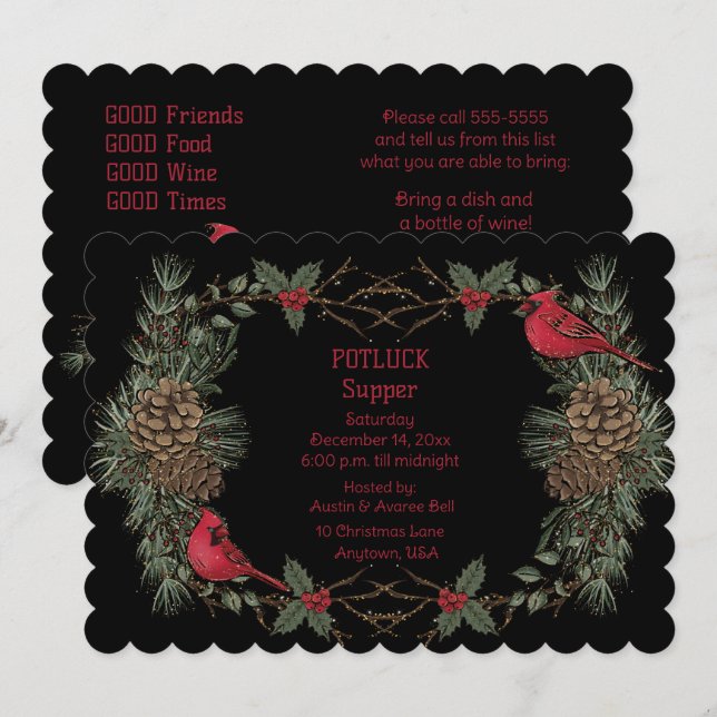 Roter Kardinal-Kranz-Weihnachts-Potluck-Abendessen Einladung (Vorne/Hinten)