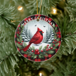 Roter Kardinal mit Stechpalmenbeeren Keramik Ornament