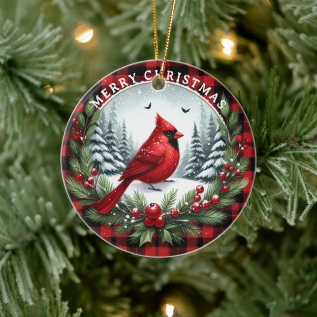 Roter Kardinal mit Stechpalmenbeeren Keramik Ornament (Baum)