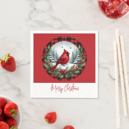 Roter Kardinal mit Stechpalmenbeeren Serviette