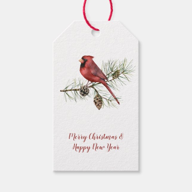 Roter Kardinal Pine Branch Pine Cones Weihnachten Geschenkanhänger (Vorderseite)