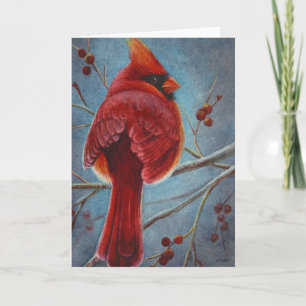 Roter Kardinal Rote Vogel Beeren Aquarell-Kunst Karte