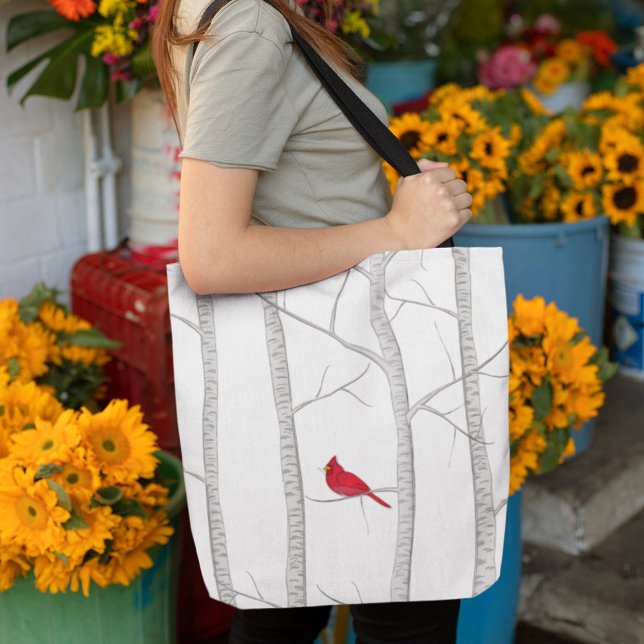 Roter Kardinal Rustikaler Winterbaum Modernes Land (Simple red cardinal in a birch tree tote bag tote bag)