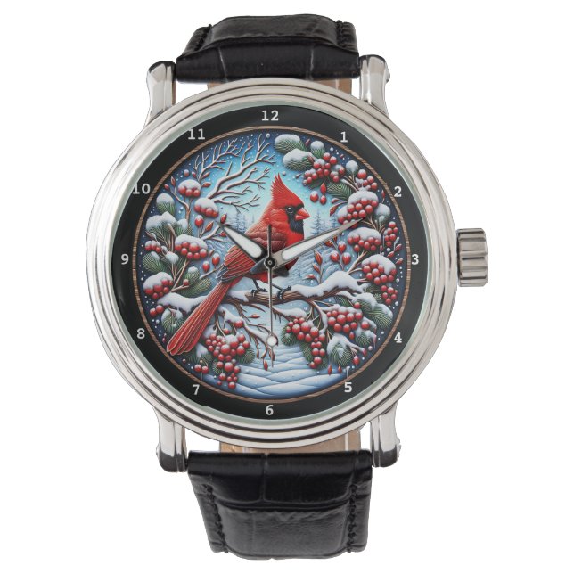 Roter Kardinal Schneeiger Zweig Armbanduhr (Vorderseite)