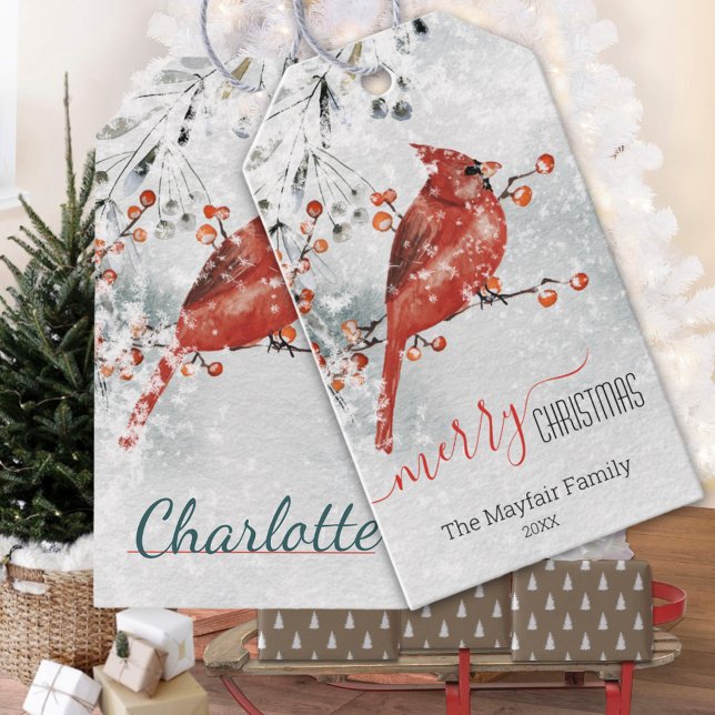 Roter Kardinal Snowy Ilex Berries Frohe Weihnachte Geschenkanhänger (Red Cardinal Snowy Ilex Berries Merry Christmas Holiday Gift Wrapping Name Tag)