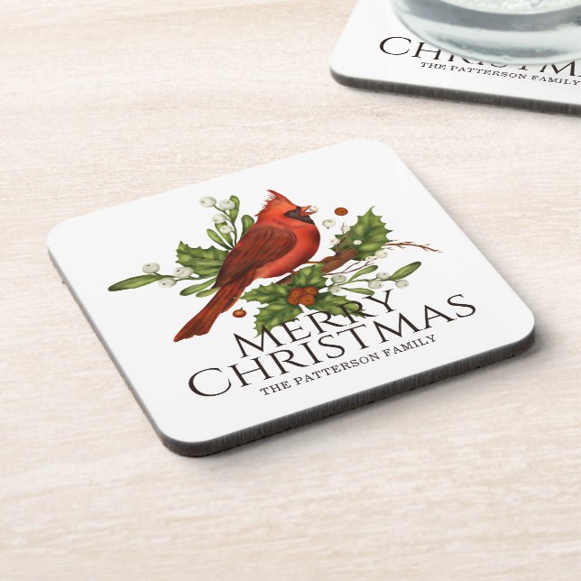 Roter Kardinal-Stechpalmen-Weihnachts-Geschenk mit Getränkeuntersetzer (Linke Seite)