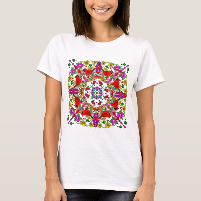 Roter Kardinal und farbenfrohe Blume Mandala T-Shirt (Vorderseite)