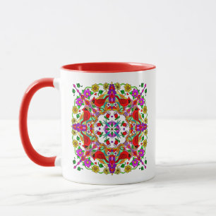 Roter Kardinal und farbenfrohe Blume Mandala Tasse