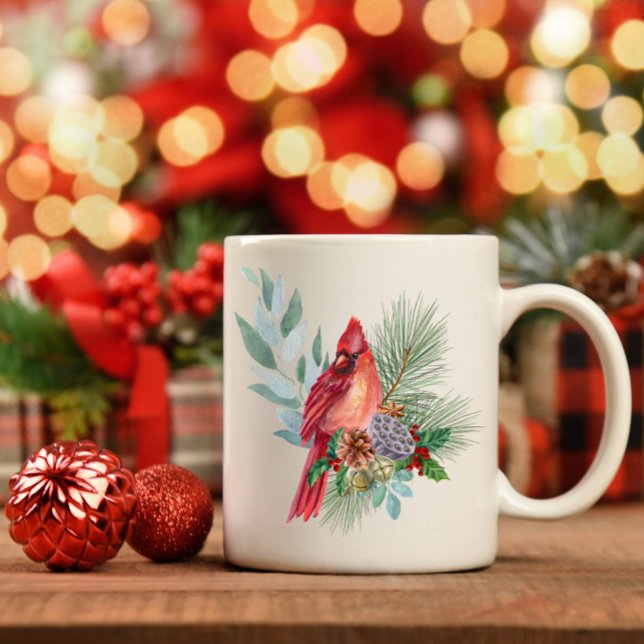 Roter Kardinal und Weihnachtsgrün und Pinienbäume Kaffeetasse (Von Creator hochgeladen)